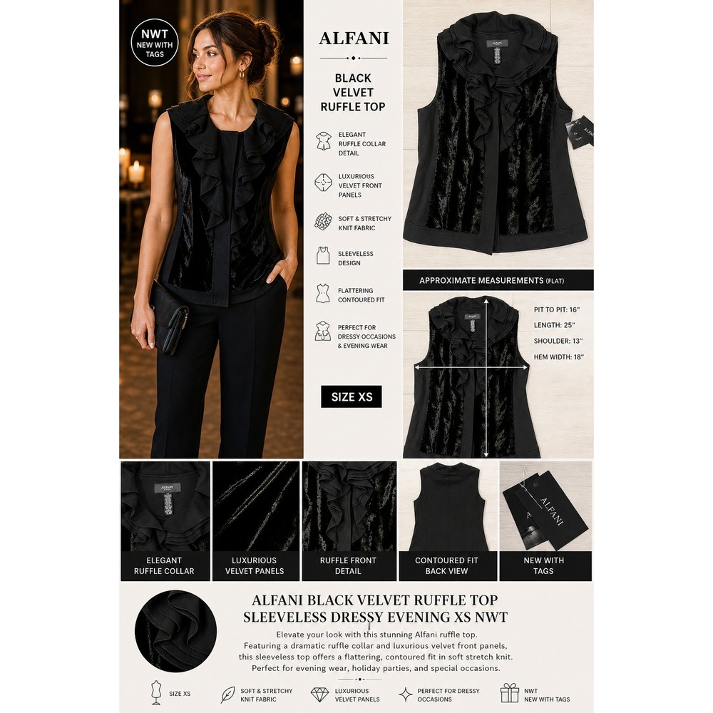 Alfani Black Velvet Ruffle Top Sleeveless Dressy Evening XS NWT